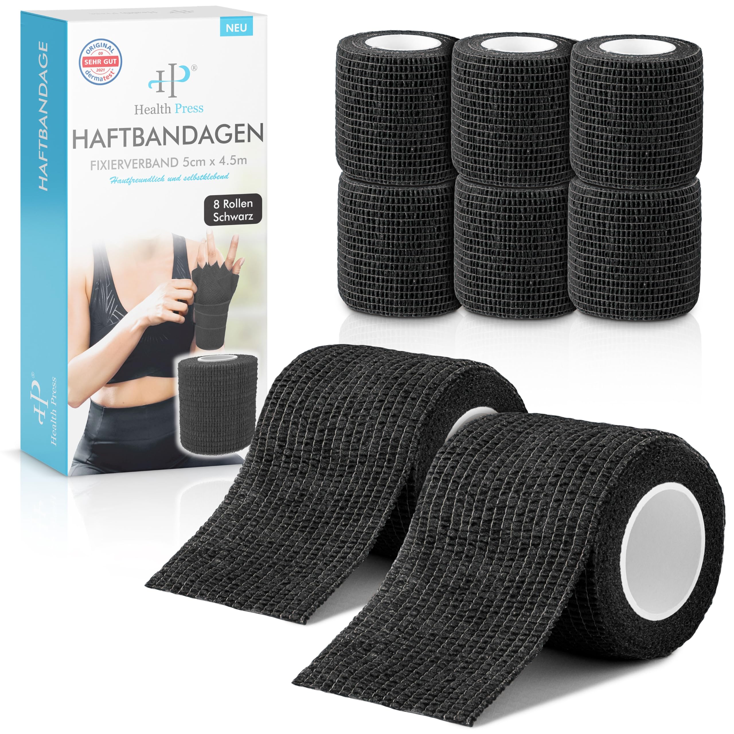 health-press-selbstklebender-verband-5cm-x-4-5m-schwarz-haftbandage-8-rollen image 1