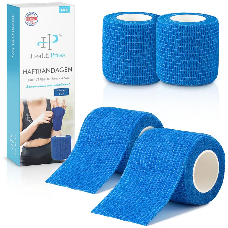 health-press-selbstklebender-verband-5cm-x-4-5m-blau-4-rollen image 1