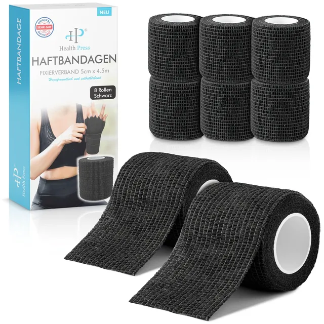 health-press-selbstklebender-verband-5cm-x-4-5m-schwarz-haftbandage-8-rollen image 1
